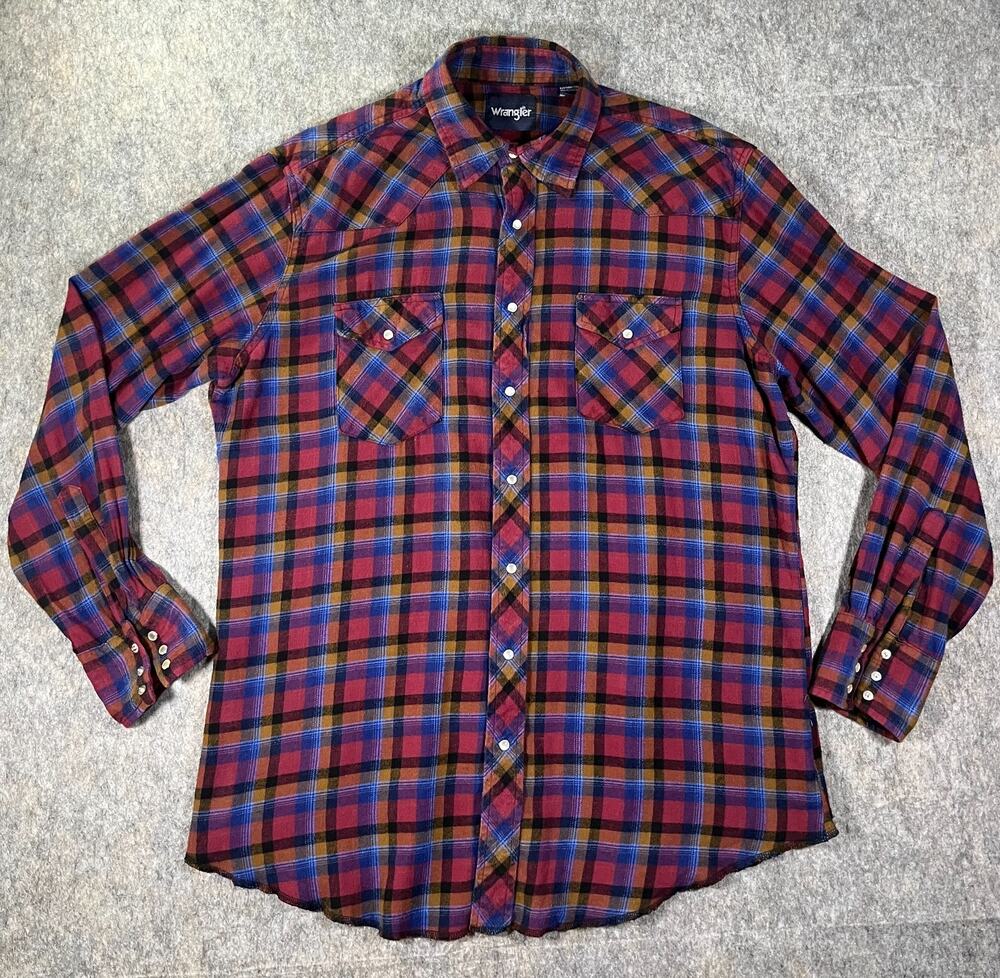 Wrangler Plaid Western Snap Shirt /Mens XLT Extra Large Tall Red Blue Pearl Snap